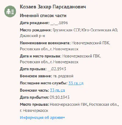 Козаев З. П. - Сведения о личном составе