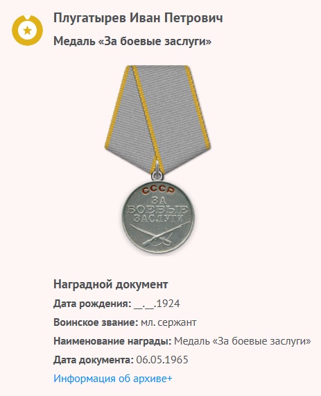Плугатырев И. П. - Медаль «За боевые заслуги»