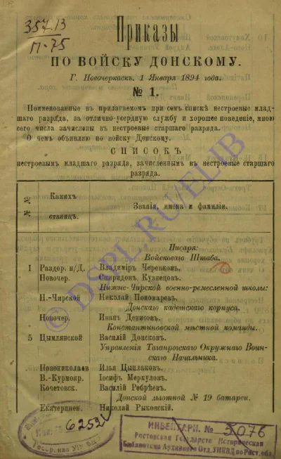 Приказы по Войску Донскому за 1894 год